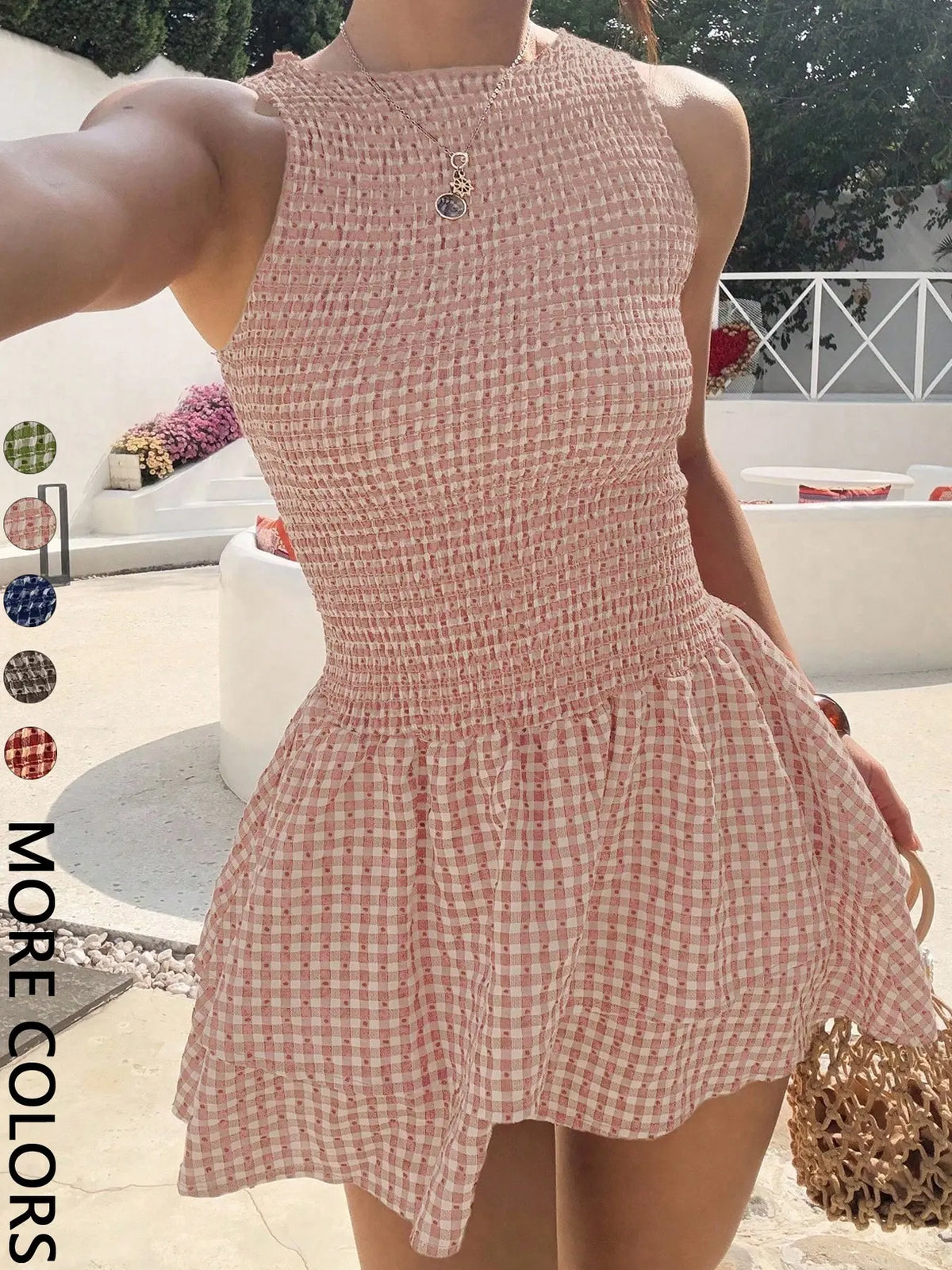 Women Sleeveless Round Neck Gingham Mini Dress Smocked Bodice Tiered Ruffle Hem A Line Short Dress Slim Fit Flowy Skirt Trendy Casual Outfit Versatile Summer Dress for Beach Vacation Daily Going Out Look
