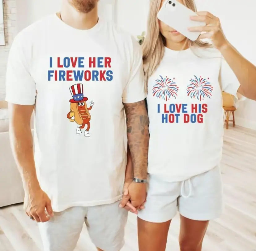 Funny 4th of July Hot Dog Couples T-Shirt – Retro Fireworks Matching Graphic Tee, Independence Day Unisex Cotton Apparel