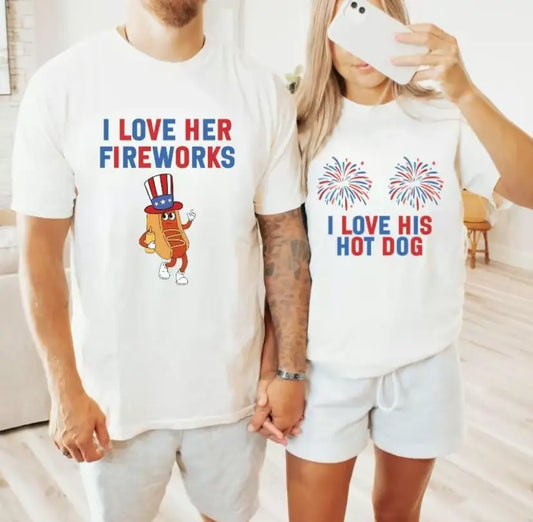 Funny 4th of July Hot Dog Couples T-Shirt – Retro Fireworks Matching Graphic Tee, Independence Day Unisex Cotton Apparel