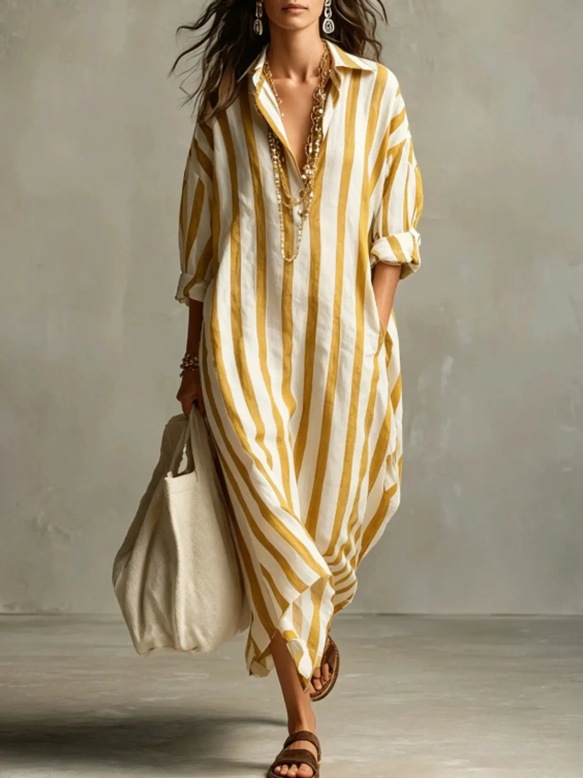 Summer Lightweight Loose Striped Long Shirt Dress, Women's Comfortable Stylish Collared Three-Quarter Sleeve Pocket Dress, Comfortable and Stylish, Casual Comfy Fashion