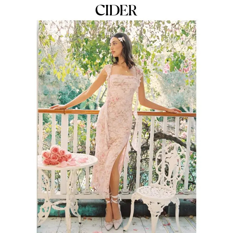 Cider Lace Floral Ruffle Hem Split Maxi Dress