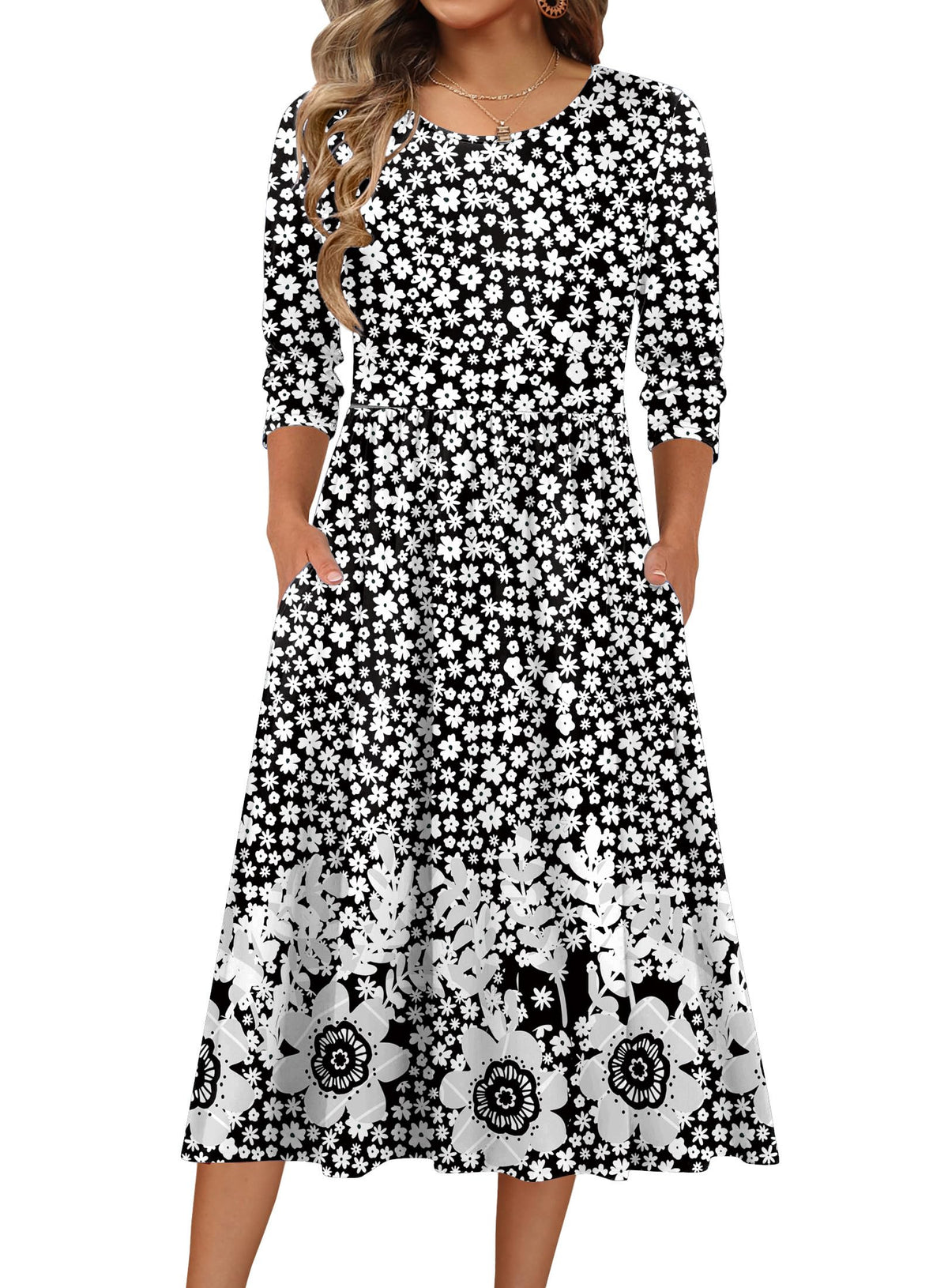 Zeagoo 3/4 Sleeve Women's Dress Casual Aline Summer Fall Midi Long Dresses