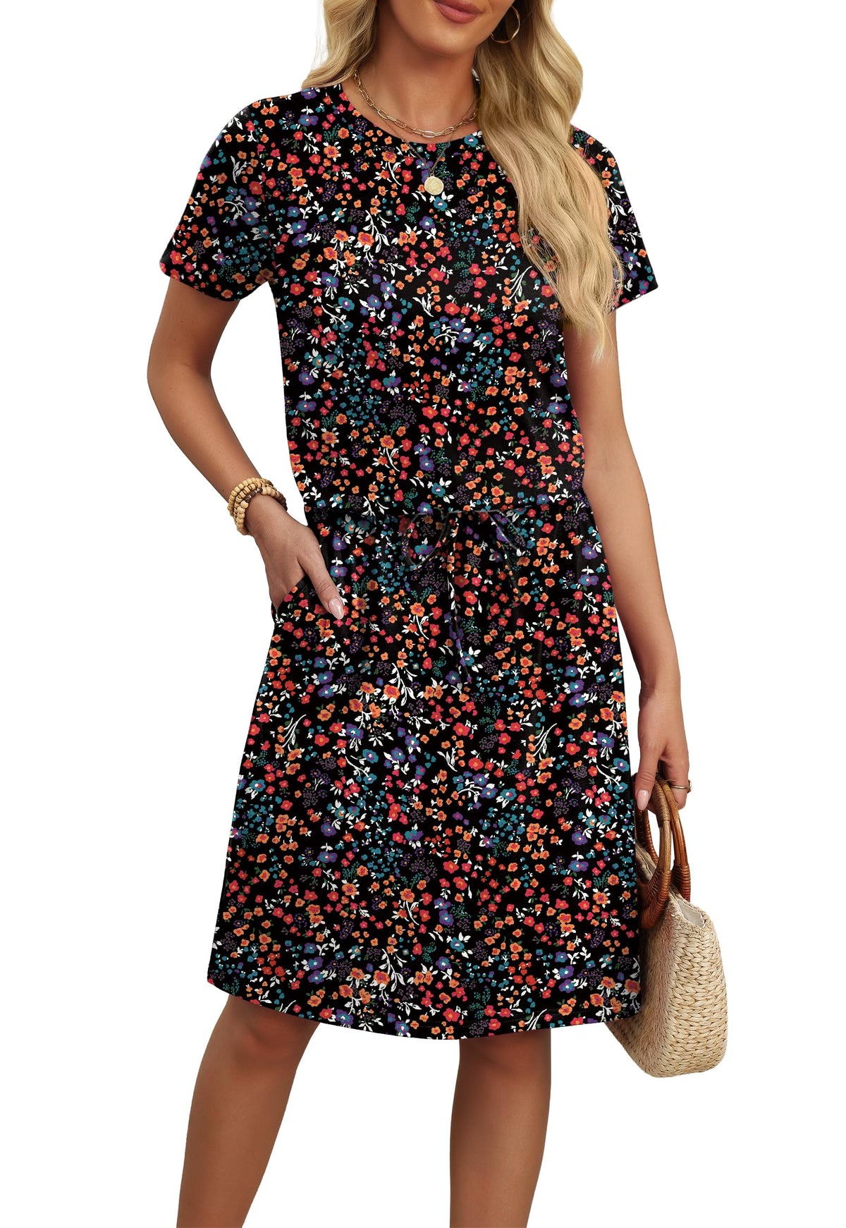 OFEEFAN Womens Summer Dresses Fashion Short Sleeve Crew Neck T Shirt Sundresses Casual Tie Waist with Pockets