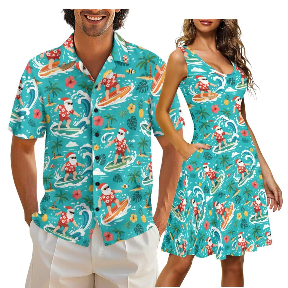 Cozeyat Matching Hawaiian Outfits for Couples Mens Button Up Polos Shirt and Women Sleeveless Sundress with Pockets