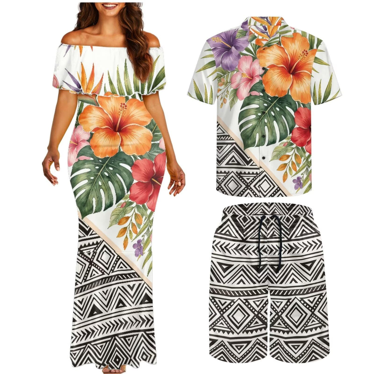 Matchable Couple Hawaiian Polynesian Puletasi Samoa Womens Dress with Mens Shirt and Mens Shorts Couple Set