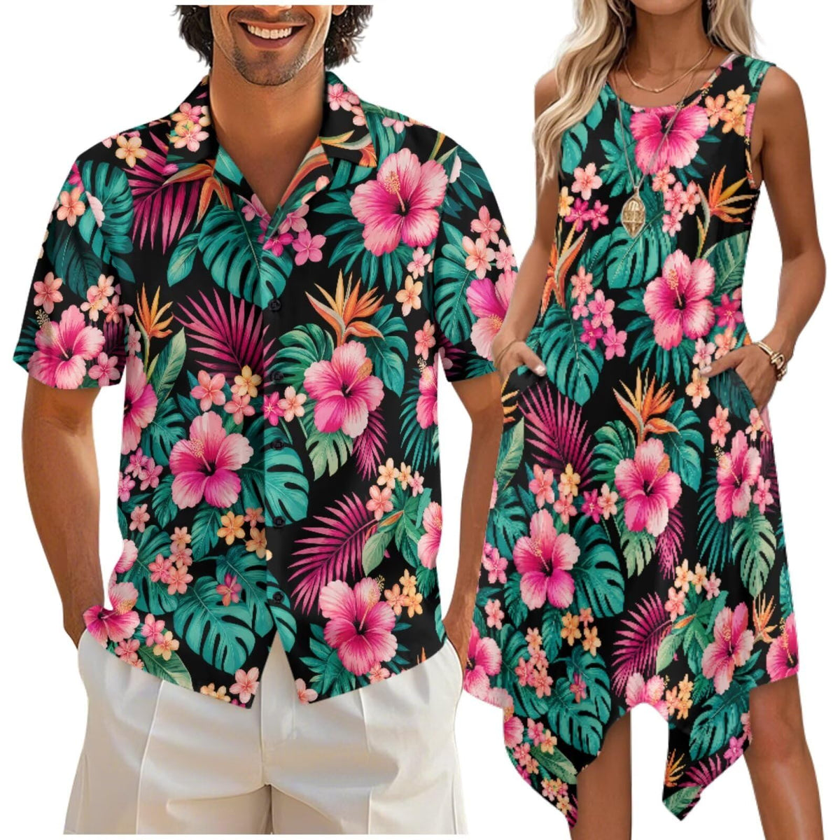 doginthehole Matching Hawaiian Outfits for Couples Men's Button Down Shirt Sleeveless Sundresses Summer Dress for Women