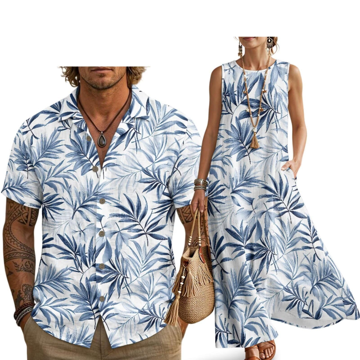 Husband and Wife Clothes Linen Casual Shirt for Men Maxi Dress for Women Summer Dress Matching Vacation Clothes