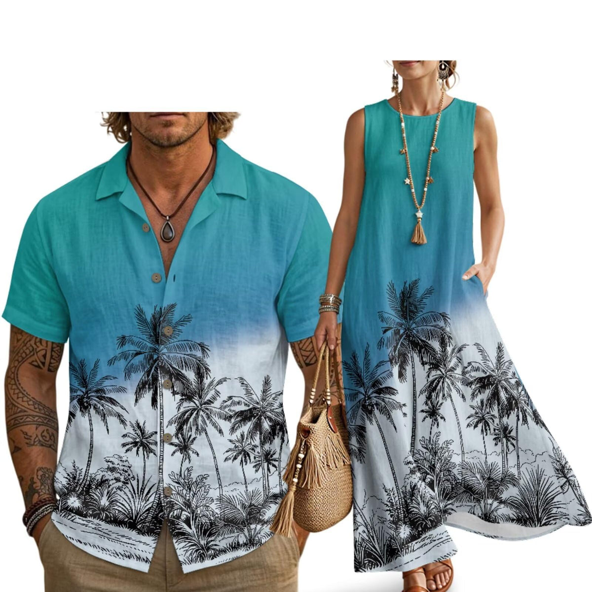 Husband and Wife Clothes Linen Casual Shirt for Men Maxi Dress for Women Summer Dress Matching Vacation Clothes