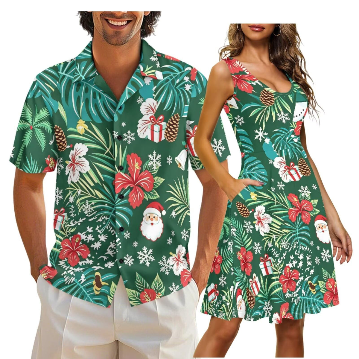 Gomyblomy Matching Hawaiian Outfits for Couples Vacation Tropical Floral Women Dress Mens Shirts His and Hers Clothing