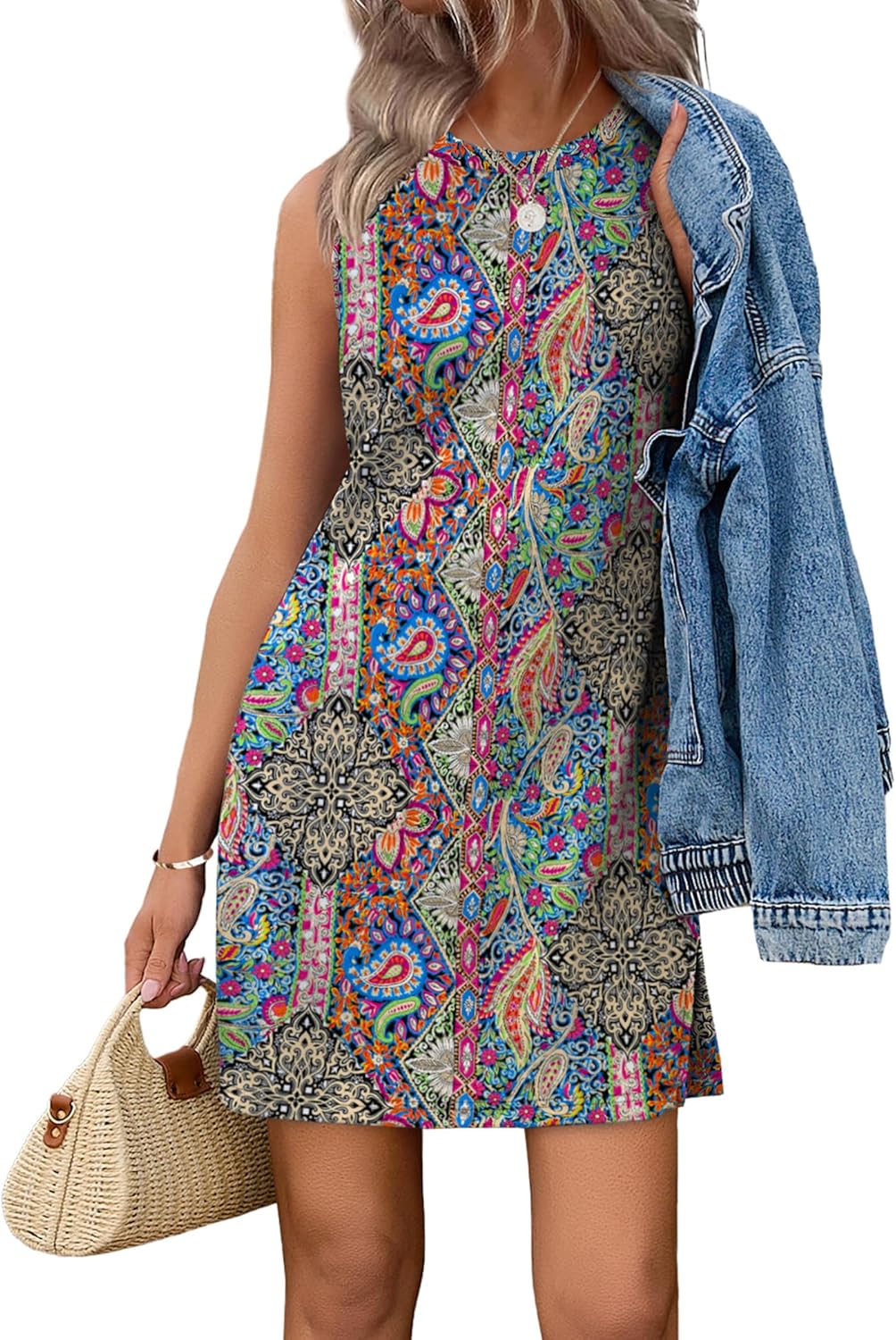 WIHOLL Casual Dresses for Women Crewneck Sleeveless Tank Dress Summer Spring Boho Vacation Clothes