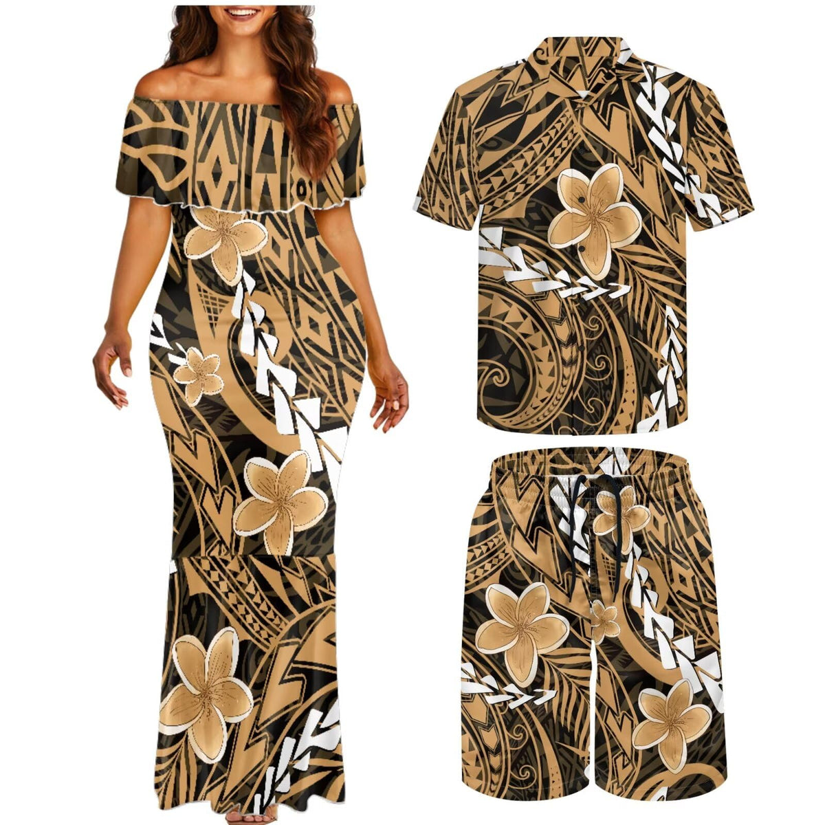 Matchable Couple Hawaiian Polynesian Puletasi Samoa Womens Dress with Mens Shirt and Mens Shorts Couple Set
