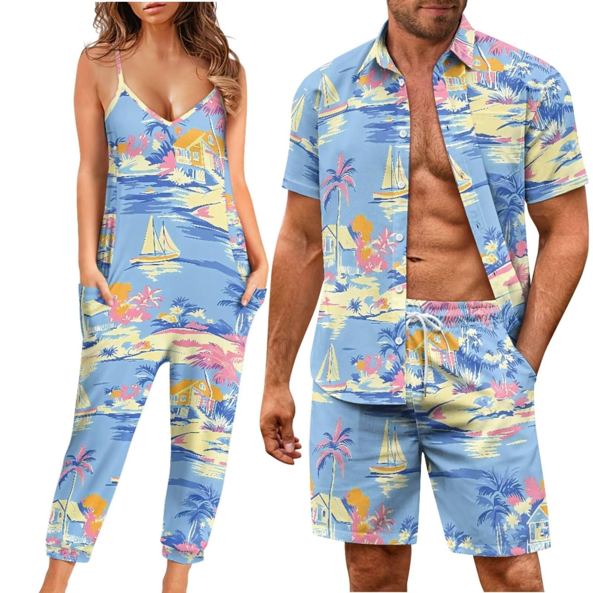Matchable Couple Hawaiian Luau Men Shirt or Women V-Neck Jumpsuit