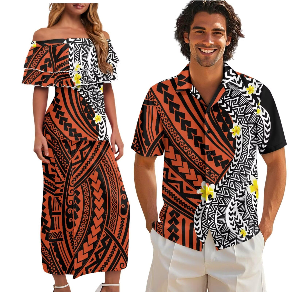 Polynesian Couples Matching Outfits Short Sleeve Puletsai Samoan Traditional Dress & Man Shirts