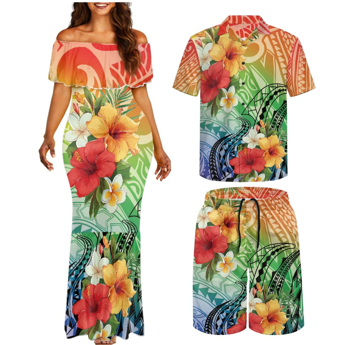 Matchable Couple Hawaiian Polynesian Puletasi Samoa Womens Dress with Mens Shirt and Mens Shorts Couple Set