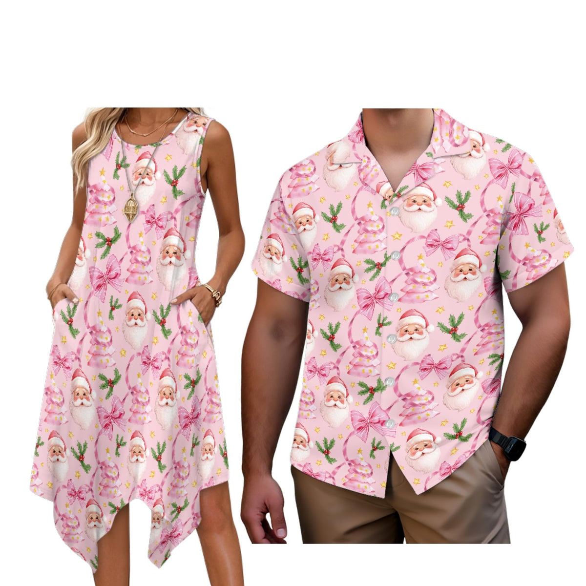 Matching Hawaiian Outfits for Couples Womens Asymmetrical Midi Dress Mens Beach Shirts Short Sleeve Button Up Shirt