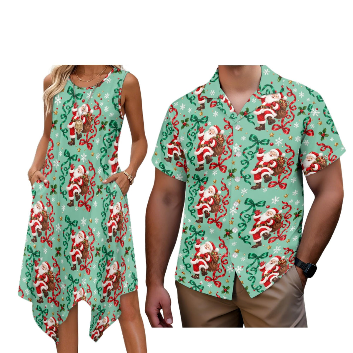 Matching Hawaiian Outfits for Couples Womens Asymmetrical Midi Dress Mens Beach Shirts Short Sleeve Button Up Shirt