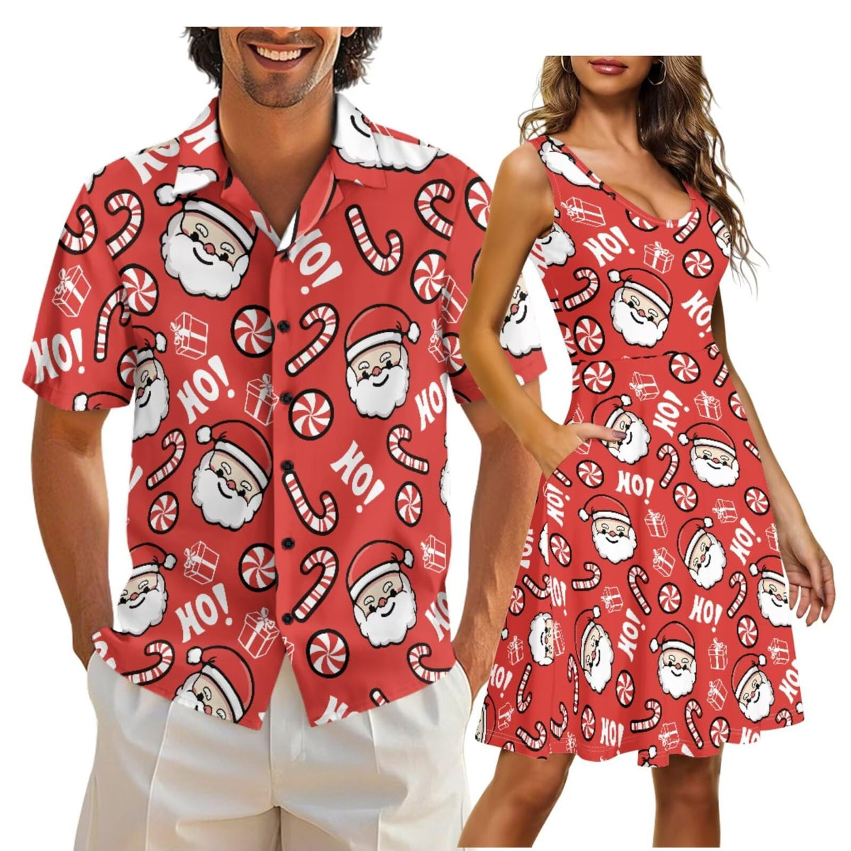 Cozeyat Matching Hawaiian Outfits for Couples Mens Button Up Polos Shirt and Women Sleeveless Sundress with Pockets