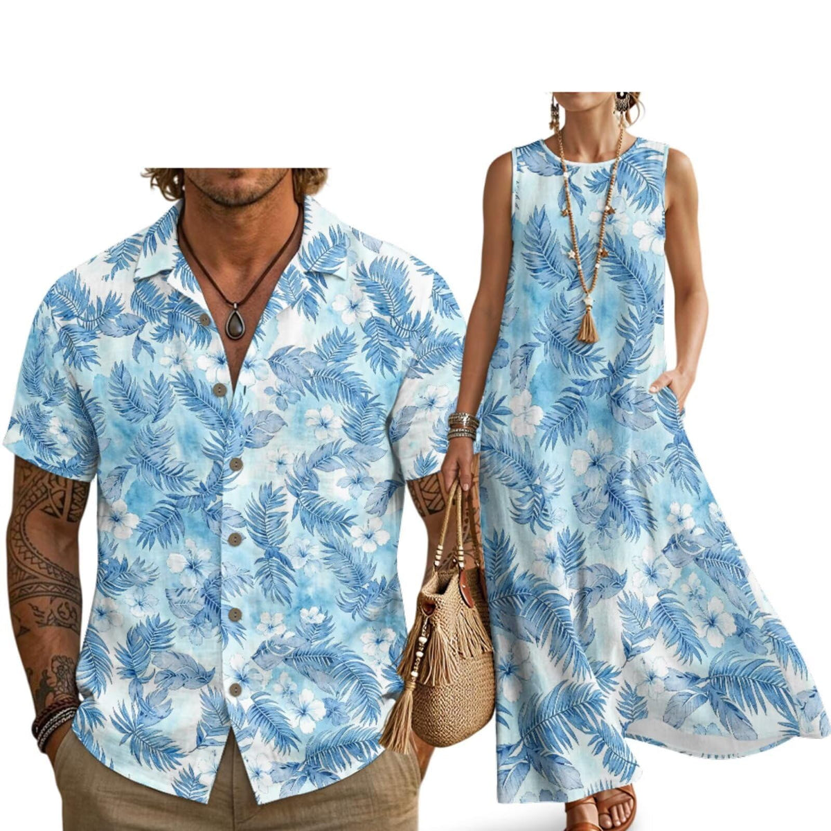 Husband and Wife Clothes Linen Casual Shirt for Men Maxi Dress for Women Summer Dress Matching Vacation Clothes
