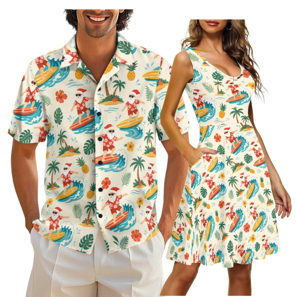 Cozeyat Matching Hawaiian Outfits for Couples Mens Button Up Polos Shirt and Women Sleeveless Sundress with Pockets