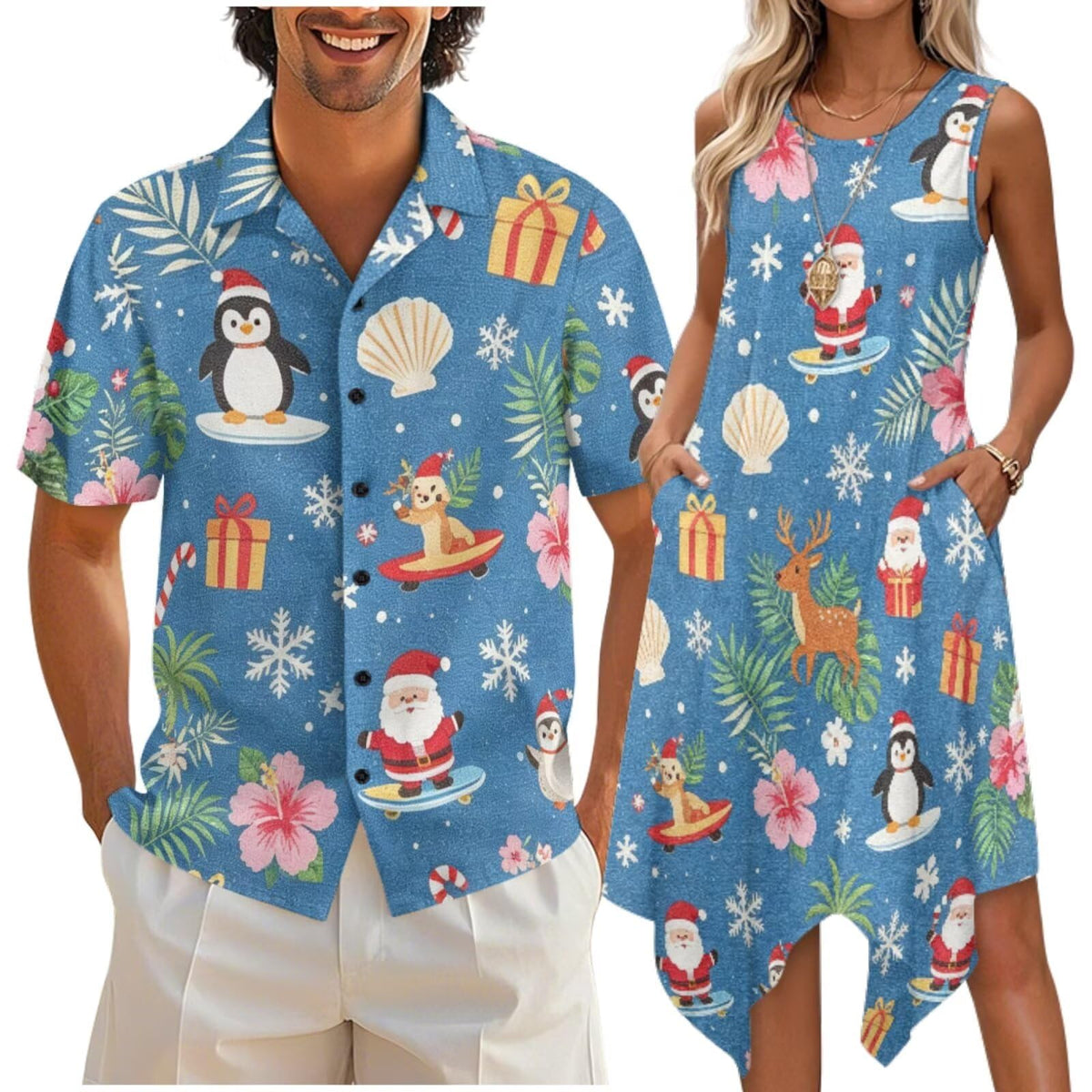 doginthehole Matching Hawaiian Outfits for Couples Men's Button Down Shirt Sleeveless Sundresses Summer Dress for Women