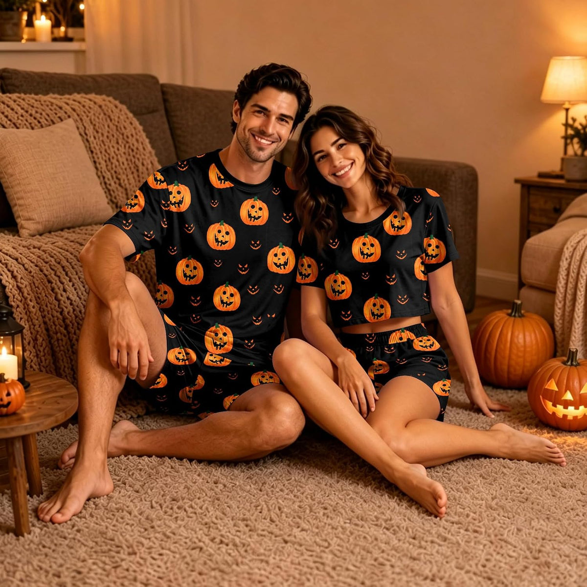 Matching Pjs for Couples Pumpkin Funny Short Sleeve Tops Matching Shorts