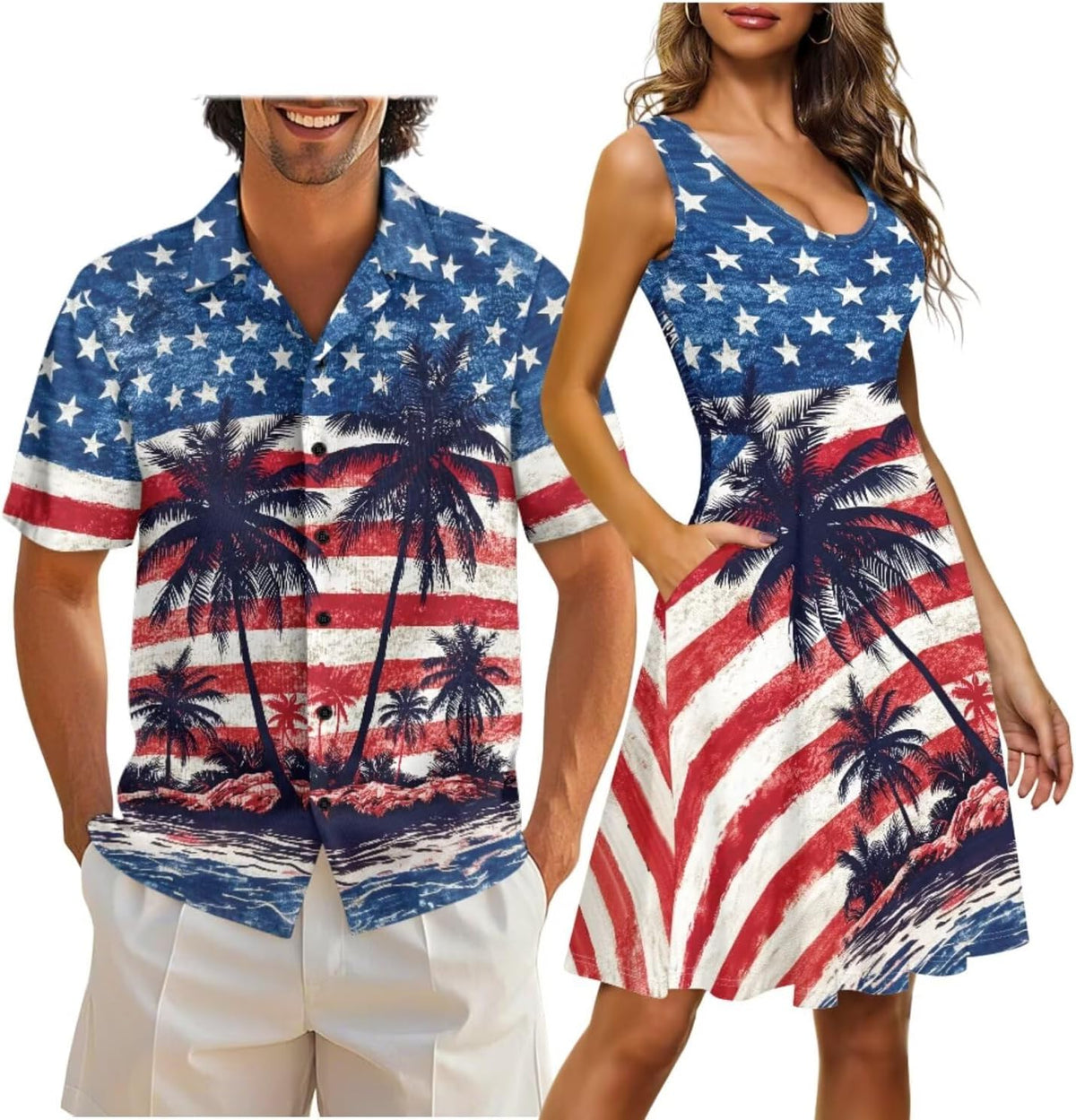 Cozeyat Independence Day Matching Outfits for Couples Mens Short Sleeve Button Down Shirts Womens Sleeveless Dress