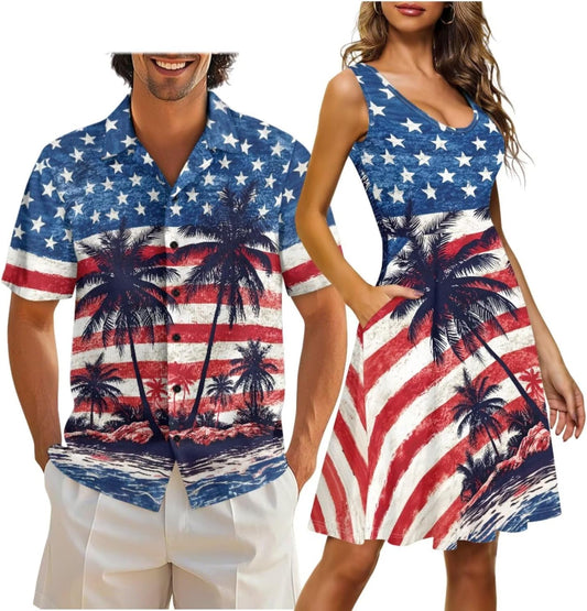 Cozeyat Independence Day Matching Outfits for Couples Mens Short Sleeve Button Down Shirts Womens Sleeveless Dress