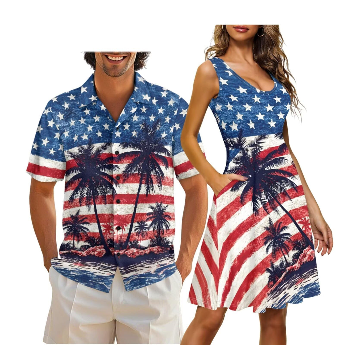 Cozeyat Independence Day Matching Outfits for Couples Mens Short Sleeve Button Down Shirts Womens Sleeveless Dress