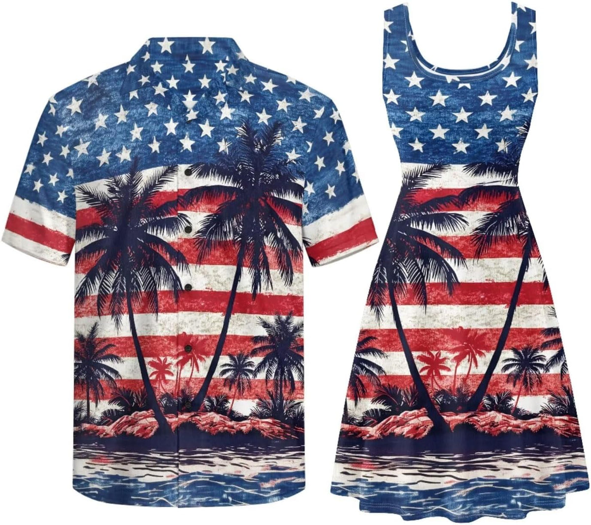 Cozeyat Independence Day Matching Outfits for Couples Mens Short Sleeve Button Down Shirts Womens Sleeveless Dress