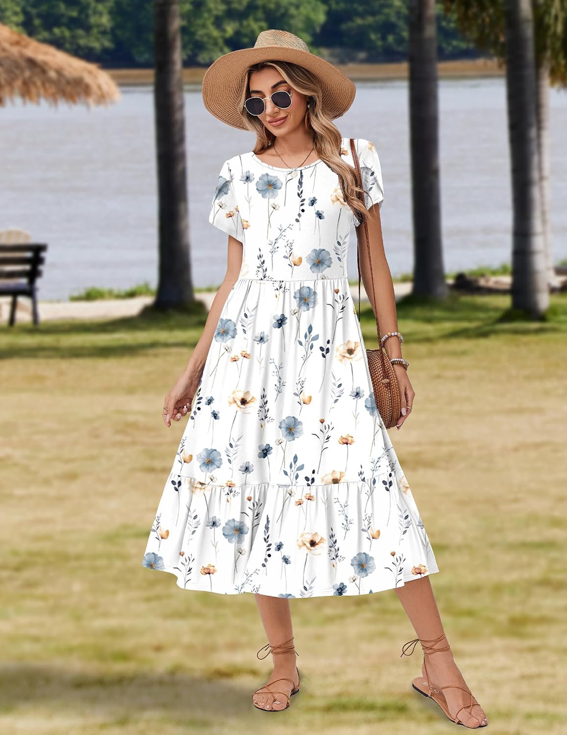 Zeagoo Women Summer Midi A Line Dress Short Sleeve Casual Flowy Tiered Beach Long Sundress with Pockets 2026 Vacation Travel