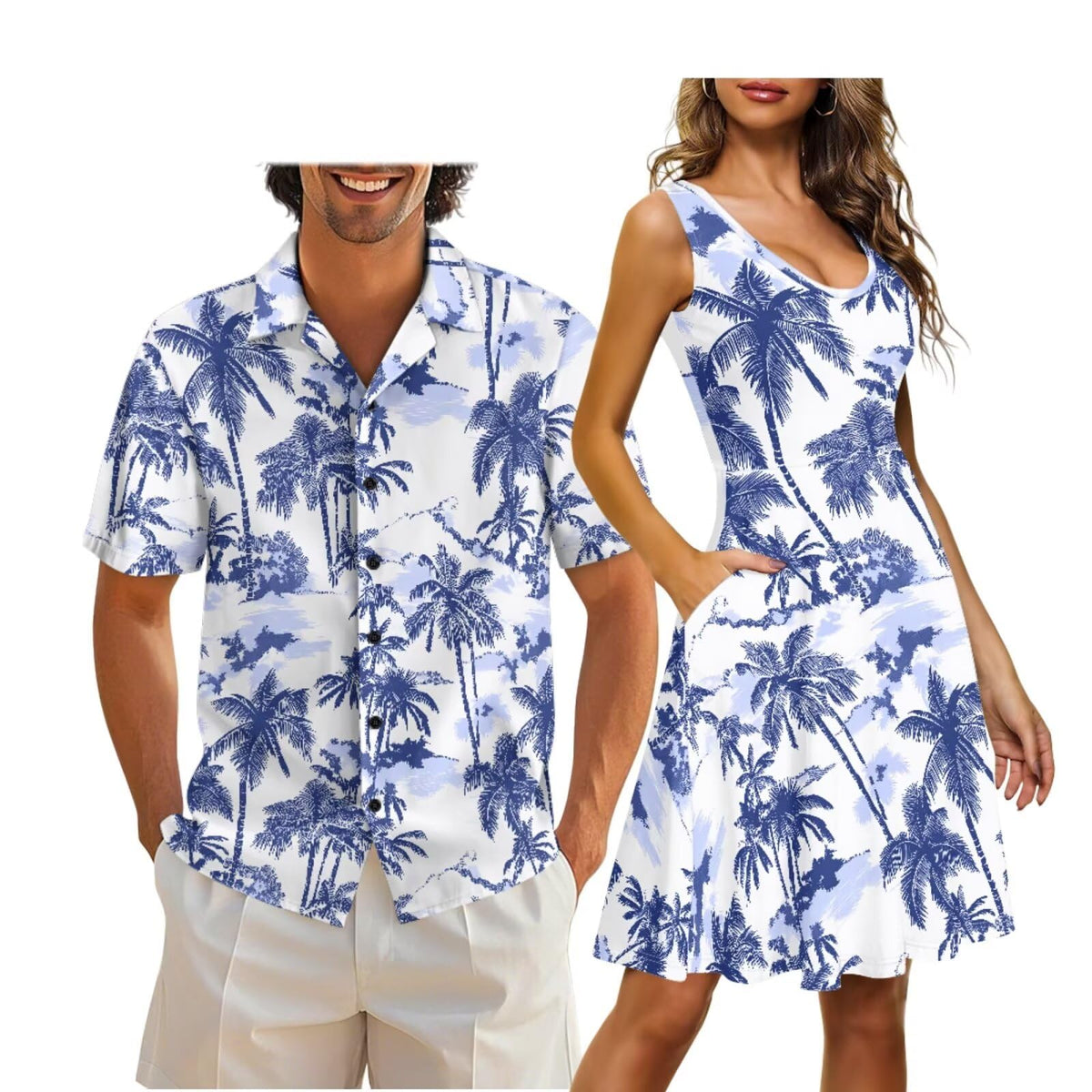 Cozeyat Matching Hawaiian Outfits for Couples Mens Button Up Polos Shirt and Women Sleeveless Sundress with Pockets