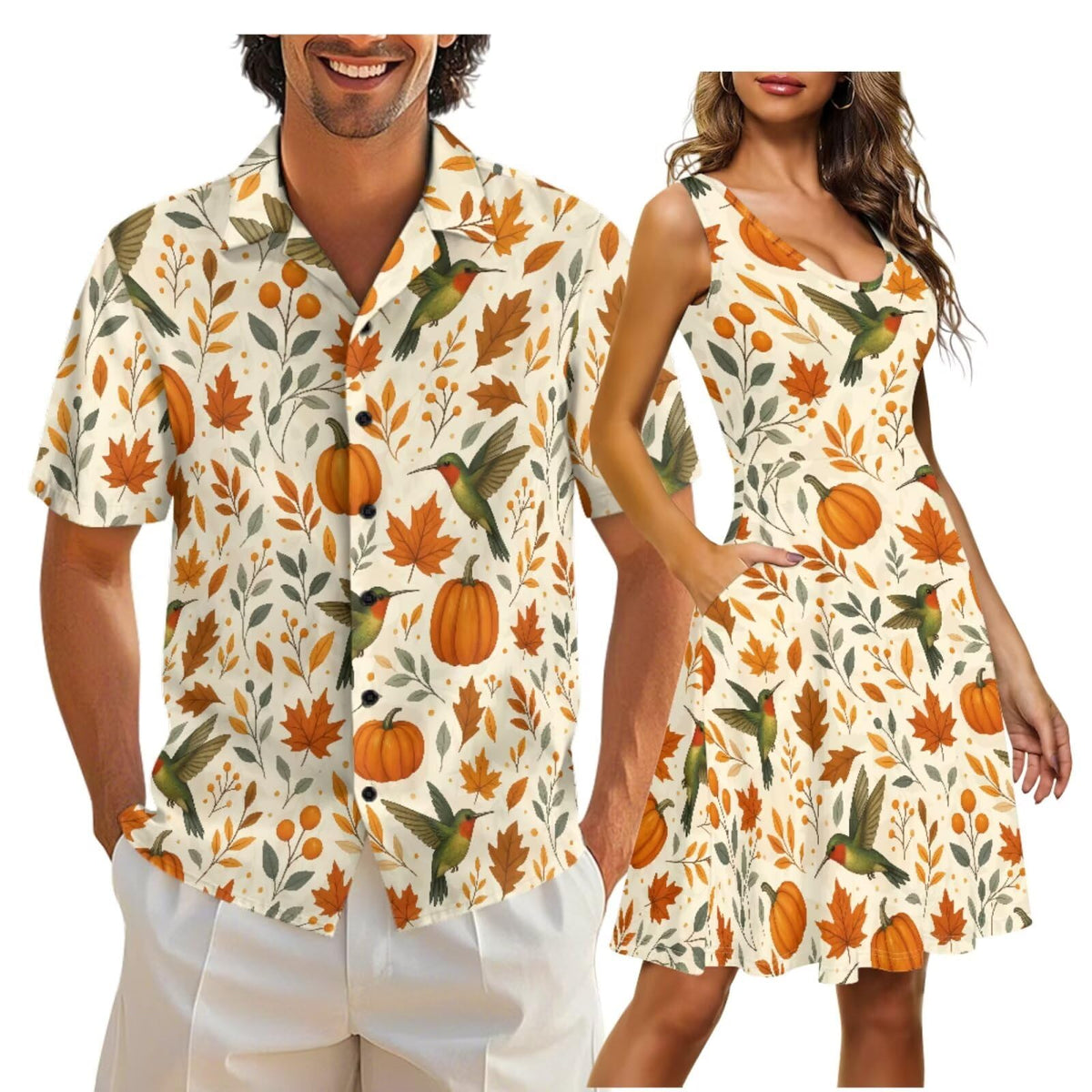 Gomyblomy Matching Hawaiian Outfits for Couples Vacation Tropical Floral Women Dress Mens Shirts His and Hers Clothing