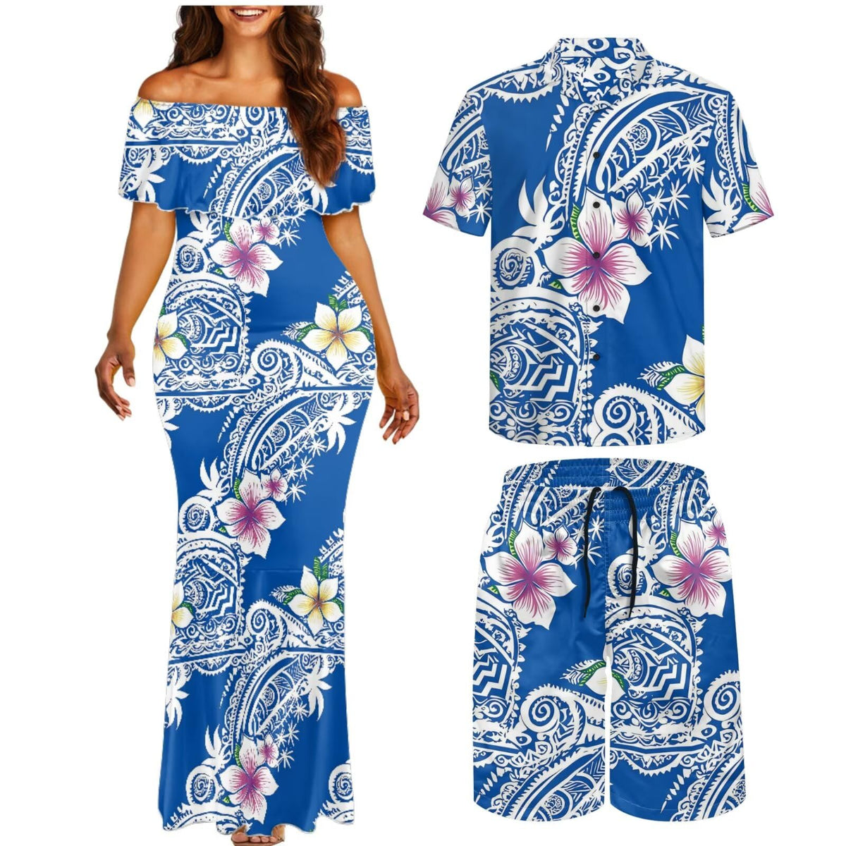 Matchable Couple Hawaiian Polynesian Puletasi Samoa Womens Dress with Mens Shirt and Mens Shorts Couple Set