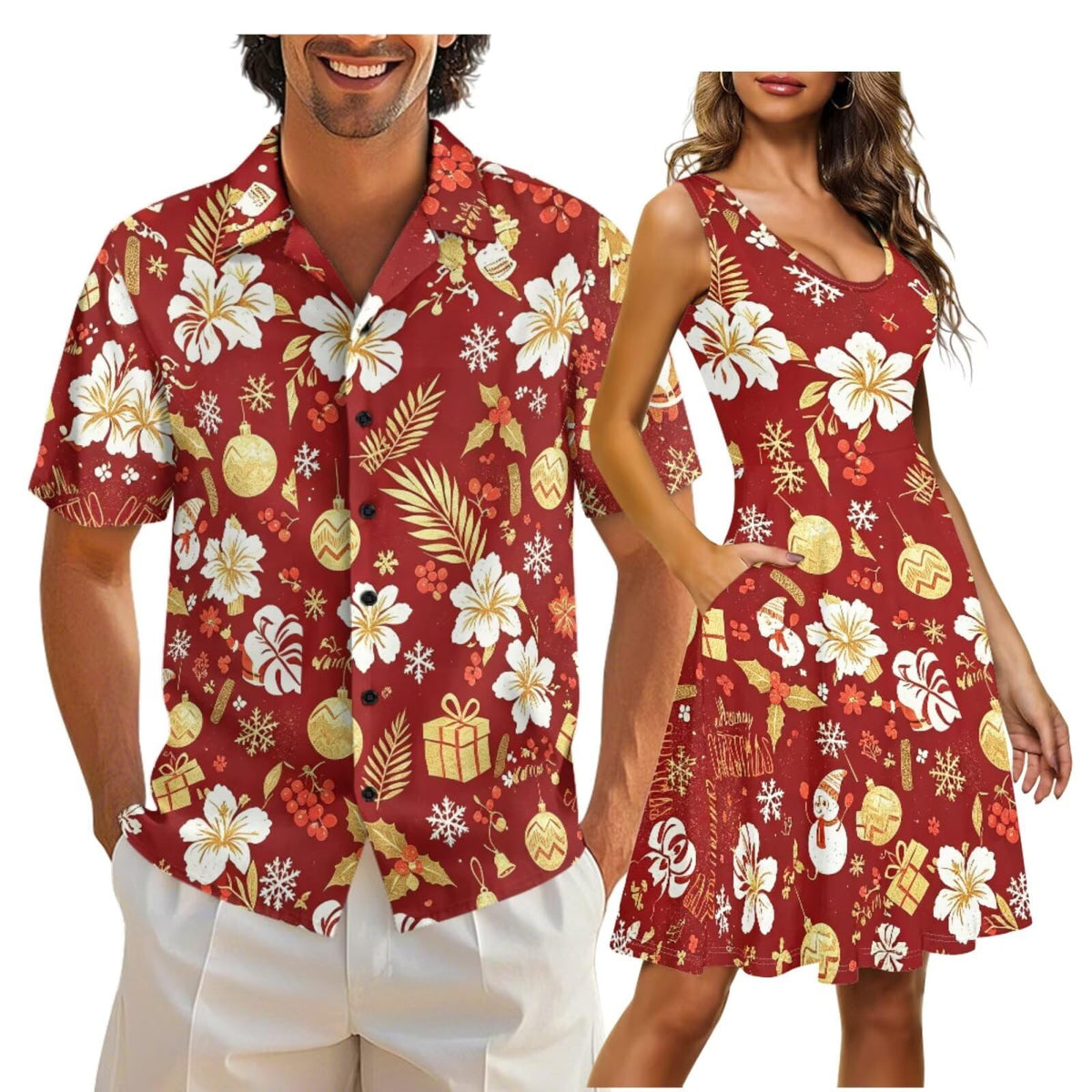 Cozeyat Matching Hawaiian Outfits for Couples Mens Button Up Polos Shirt and Women Sleeveless Sundress with Pockets