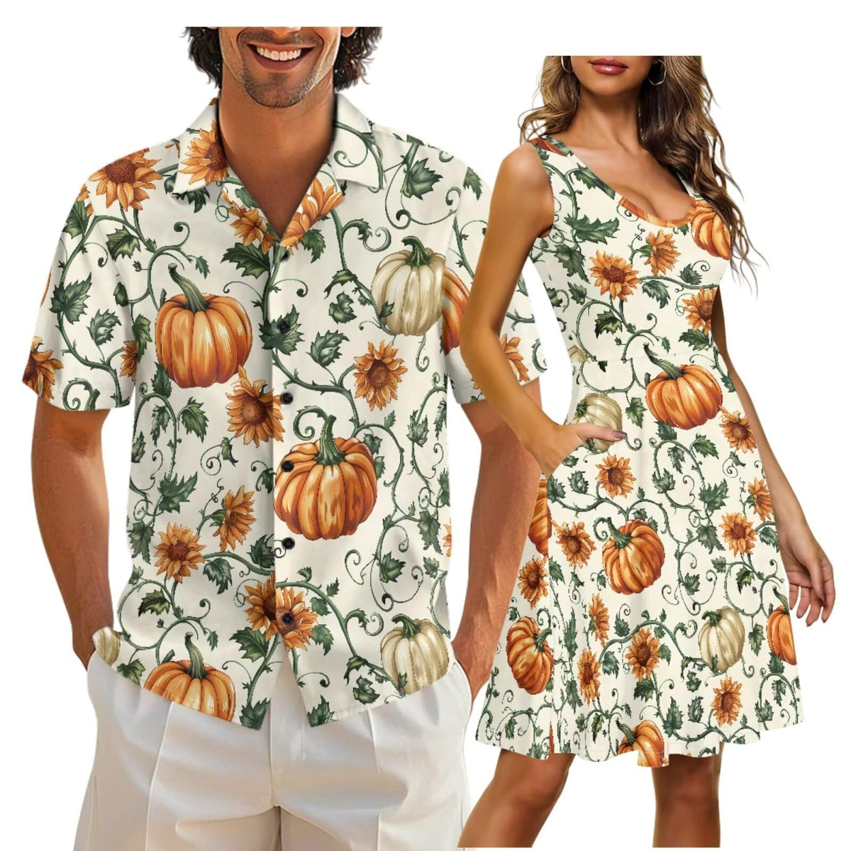 Gomyblomy Matching Hawaiian Outfits for Couples Vacation Tropical Floral Women Dress Mens Shirts His and Hers Clothing