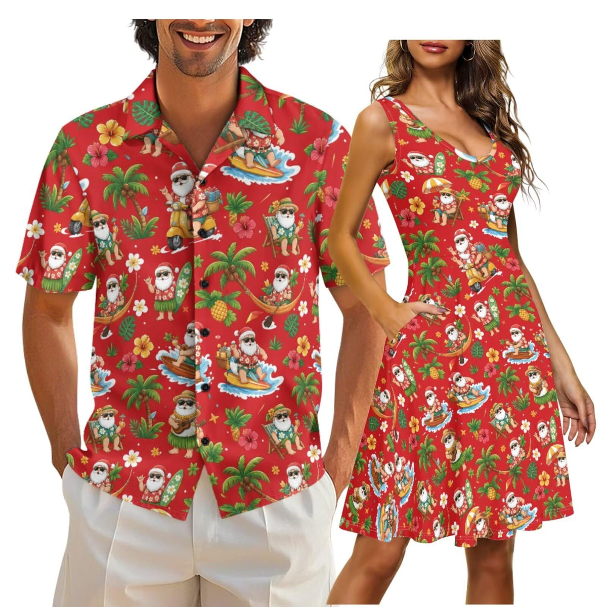 Cozeyat Matching Hawaiian Outfits for Couples Mens Button Up Polos Shirt and Women Sleeveless Sundress with Pockets
