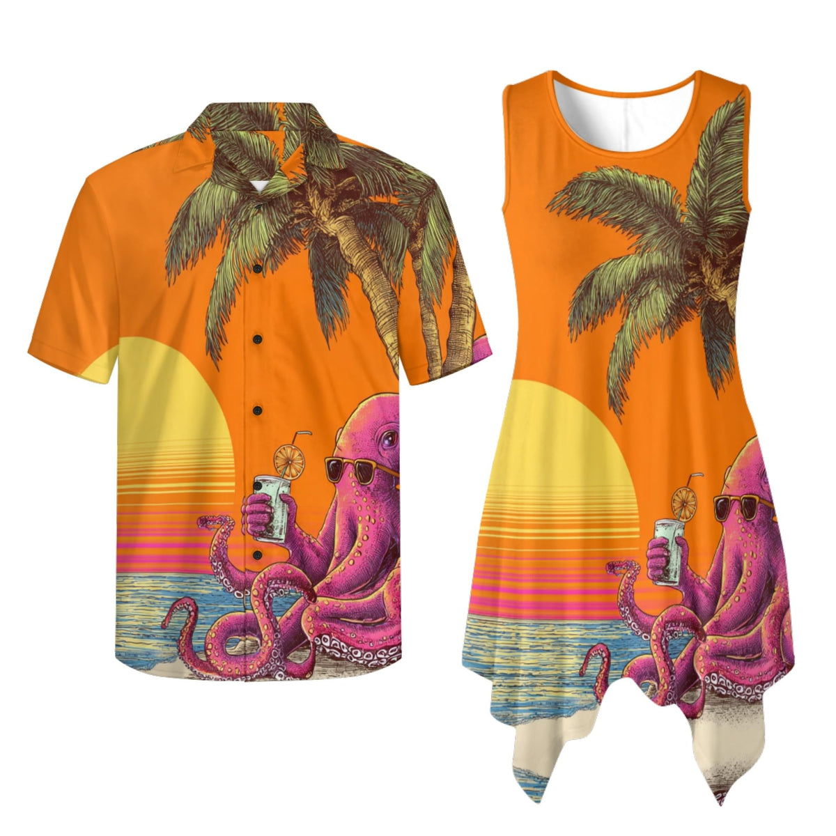 TOADDITDO Couple Shirts and Dress Matching Outfit Womens Sleeveless Flared Mini Sundress or Mens Buttons Hawaiian Aloha Shirt