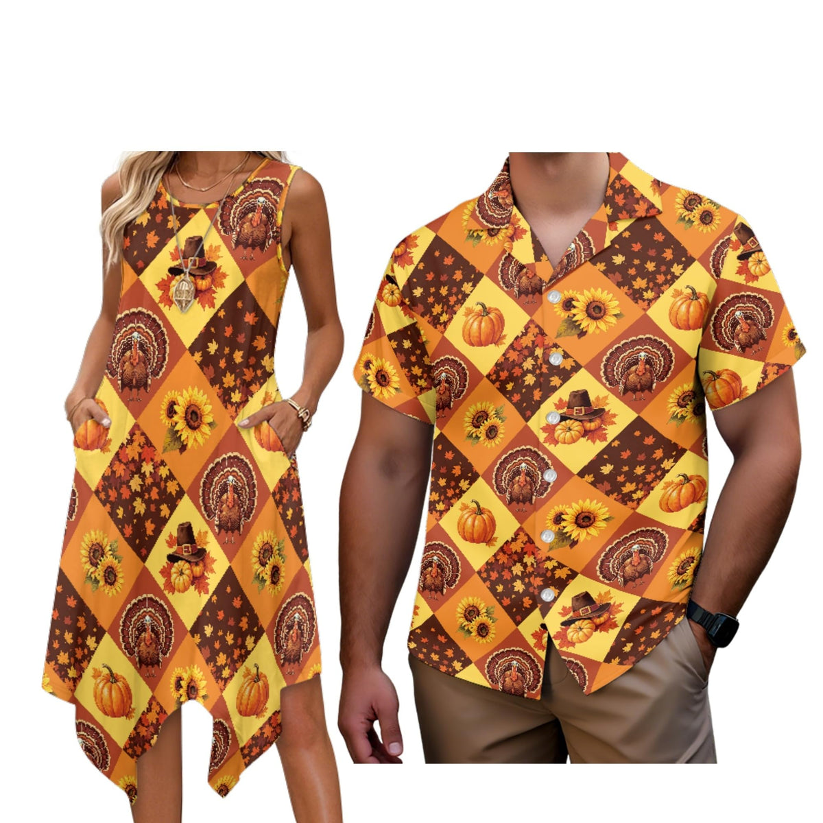 Matching Hawaiian Outfits for Couples Womens Asymmetrical Midi Dress Mens Beach Shirts Short Sleeve Button Up Shirt