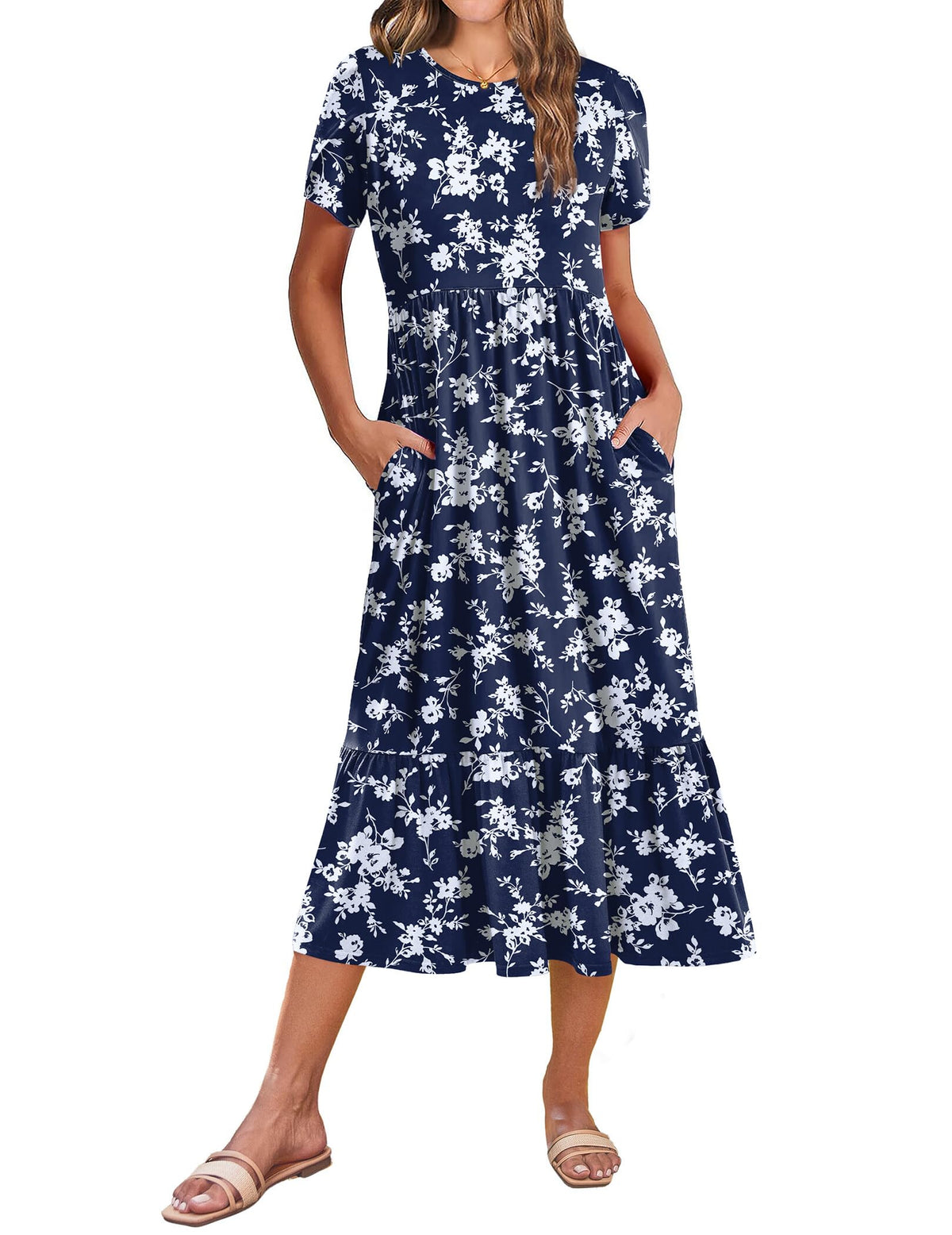 Zeagoo Women Summer Midi A Line Dress Short Sleeve Casual Flowy Tiered Beach Long Sundress with Pockets 2026 Vacation Travel