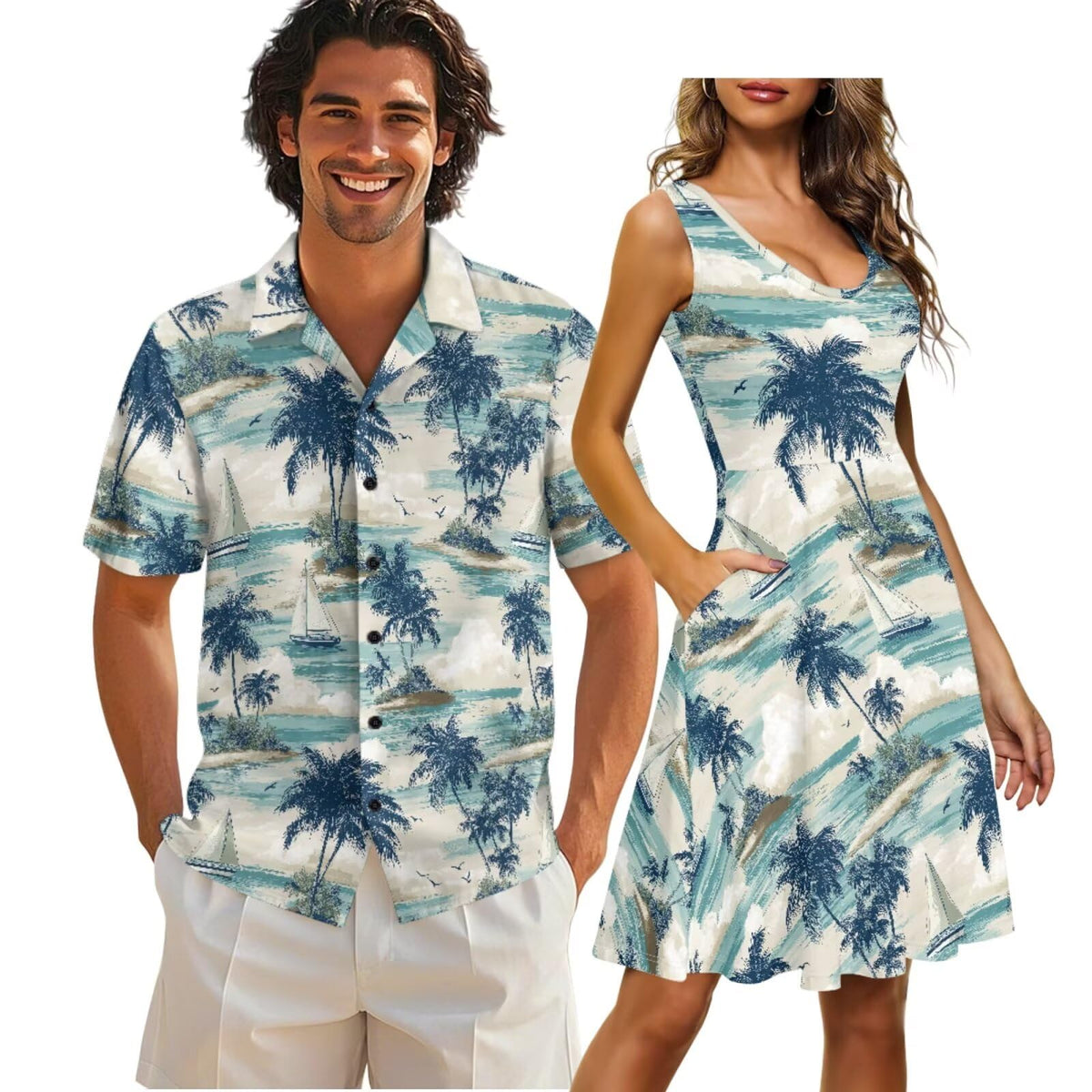 Cozeyat Matching Hawaiian Outfits for Couples Mens Button Up Polos Shirt and Women Sleeveless Sundress with Pockets
