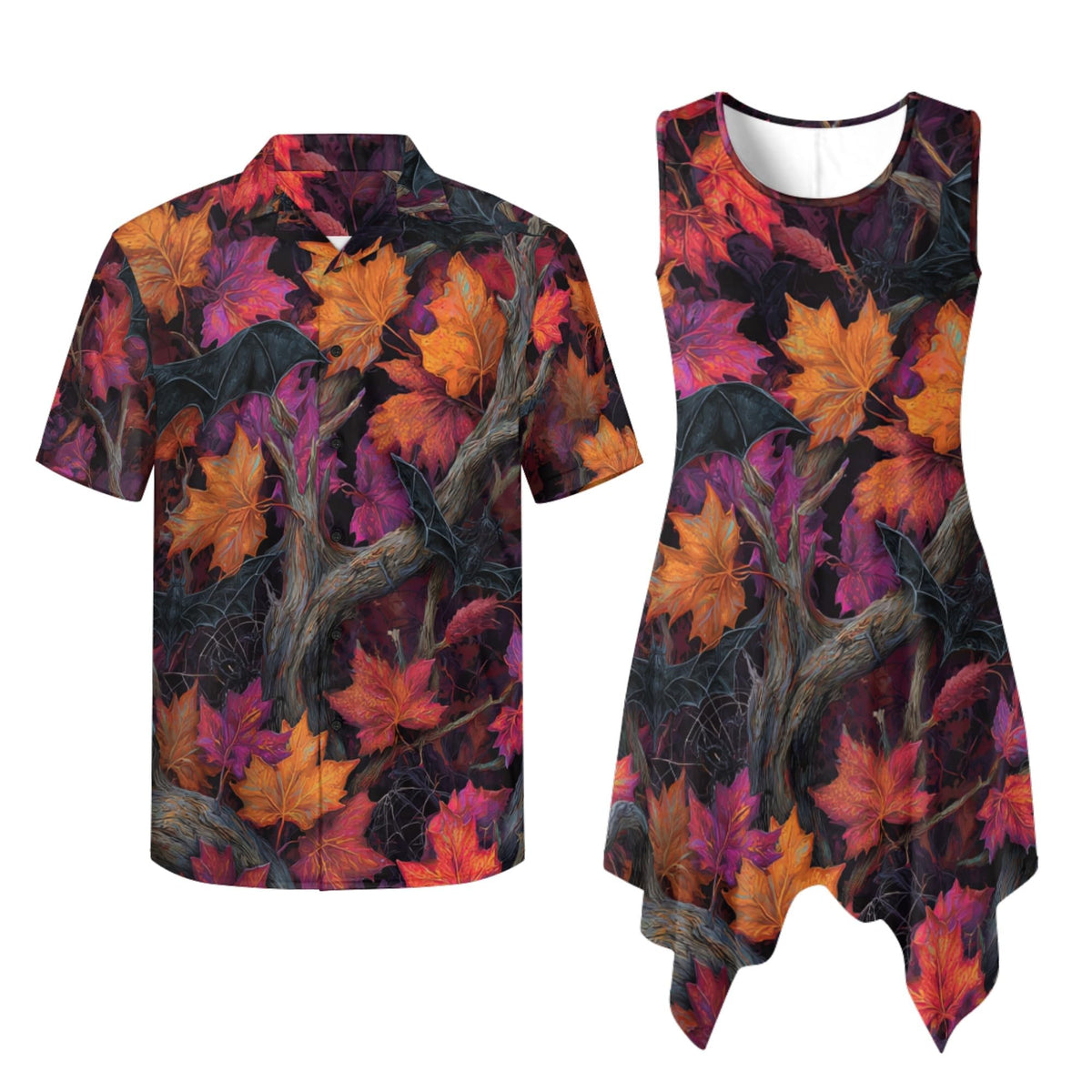 TOADDITDO Couple Shirts and Dress Matching Outfit Womens Sleeveless Flared Mini Sundress or Mens Buttons Hawaiian Aloha Shirt