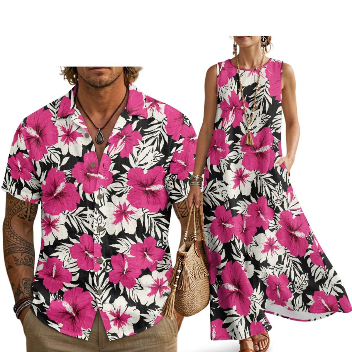 Husband and Wife Clothes Linen Casual Shirt for Men Maxi Dress for Women Summer Dress Matching Vacation Clothes