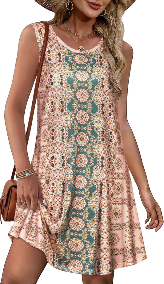 elescat Summer Dresses for Women Boho Sleeveless Pocket Tshirt Sundresses
