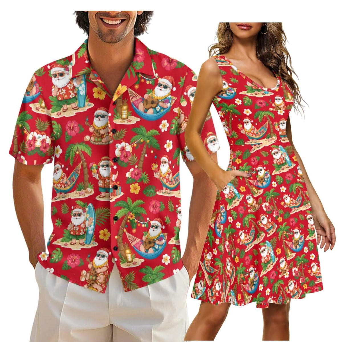 Cozeyat Matching Hawaiian Outfits for Couples Mens Button Up Polos Shirt and Women Sleeveless Sundress with Pockets