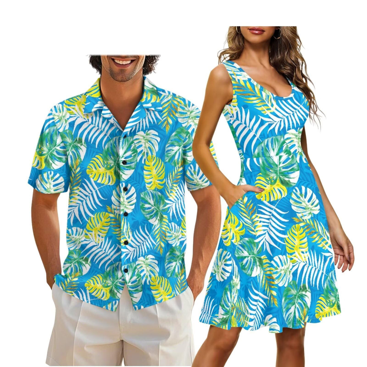 Cozeyat Matching Hawaiian Outfits for Couples Mens Button Up Polos Shirt and Women Sleeveless Sundress with Pockets