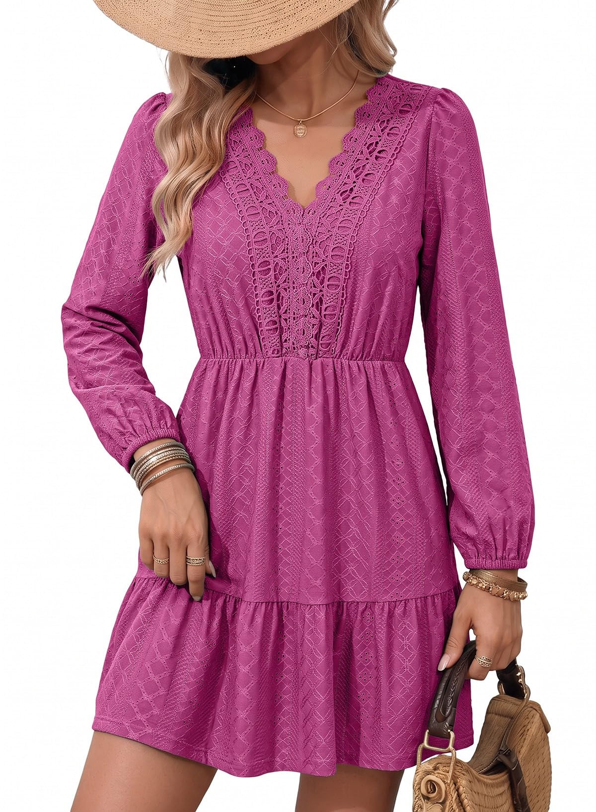 Dokotoo Womens Dresses Lace Hollow Out Embroidered V Neck Long Sleeve Dress