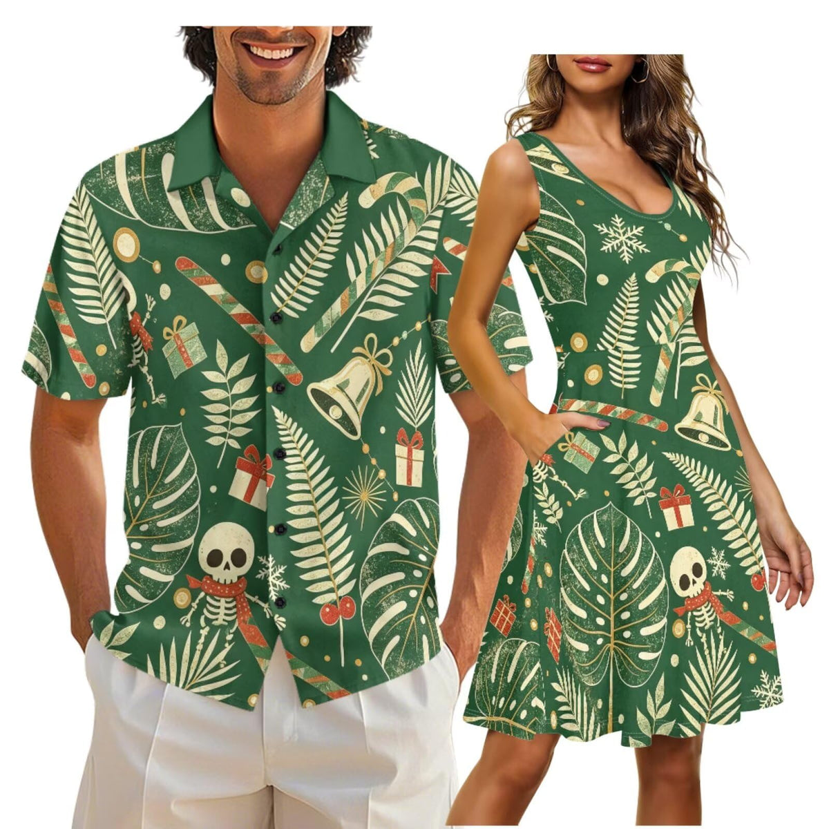 Gomyblomy Matching Hawaiian Outfits for Couples Vacation Tropical Floral Women Dress Mens Shirts His and Hers Clothing