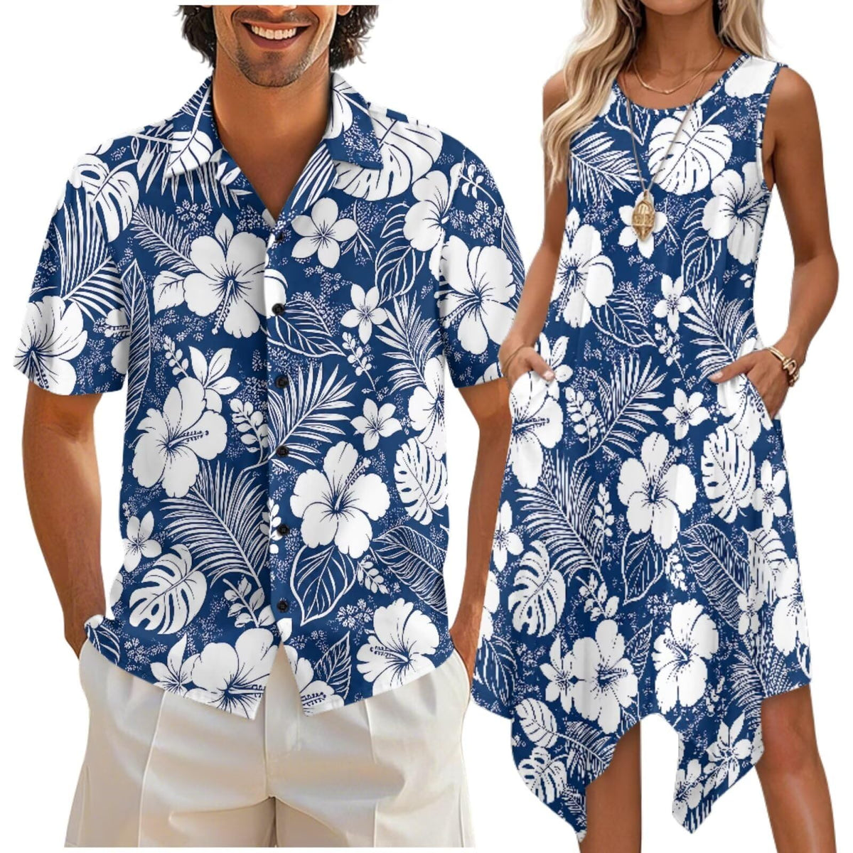 doginthehole Matching Hawaiian Outfits for Couples Men's Button Down Shirt Sleeveless Sundresses Summer Dress for Women