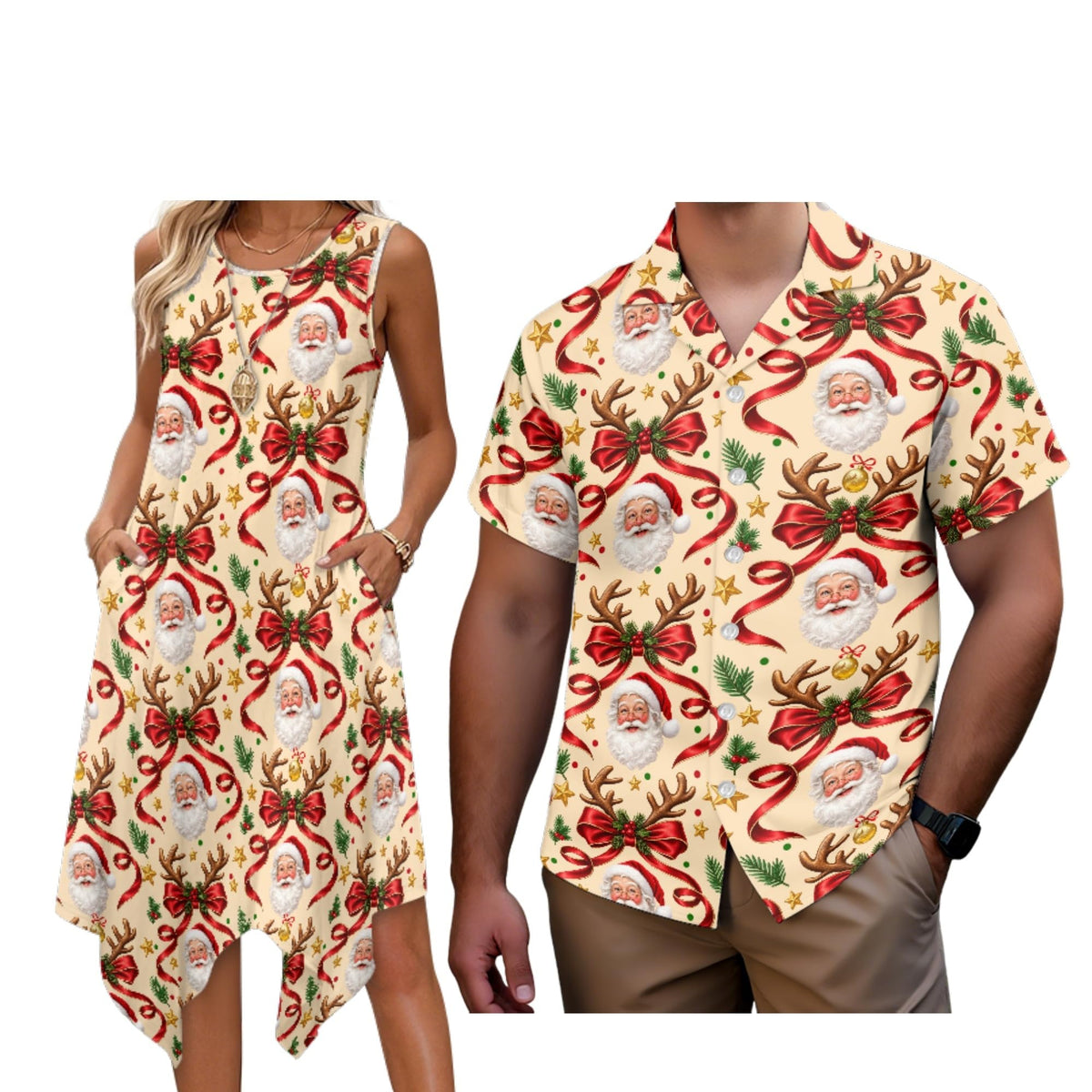 Matching Hawaiian Outfits for Couples Womens Asymmetrical Midi Dress Mens Beach Shirts Short Sleeve Button Up Shirt