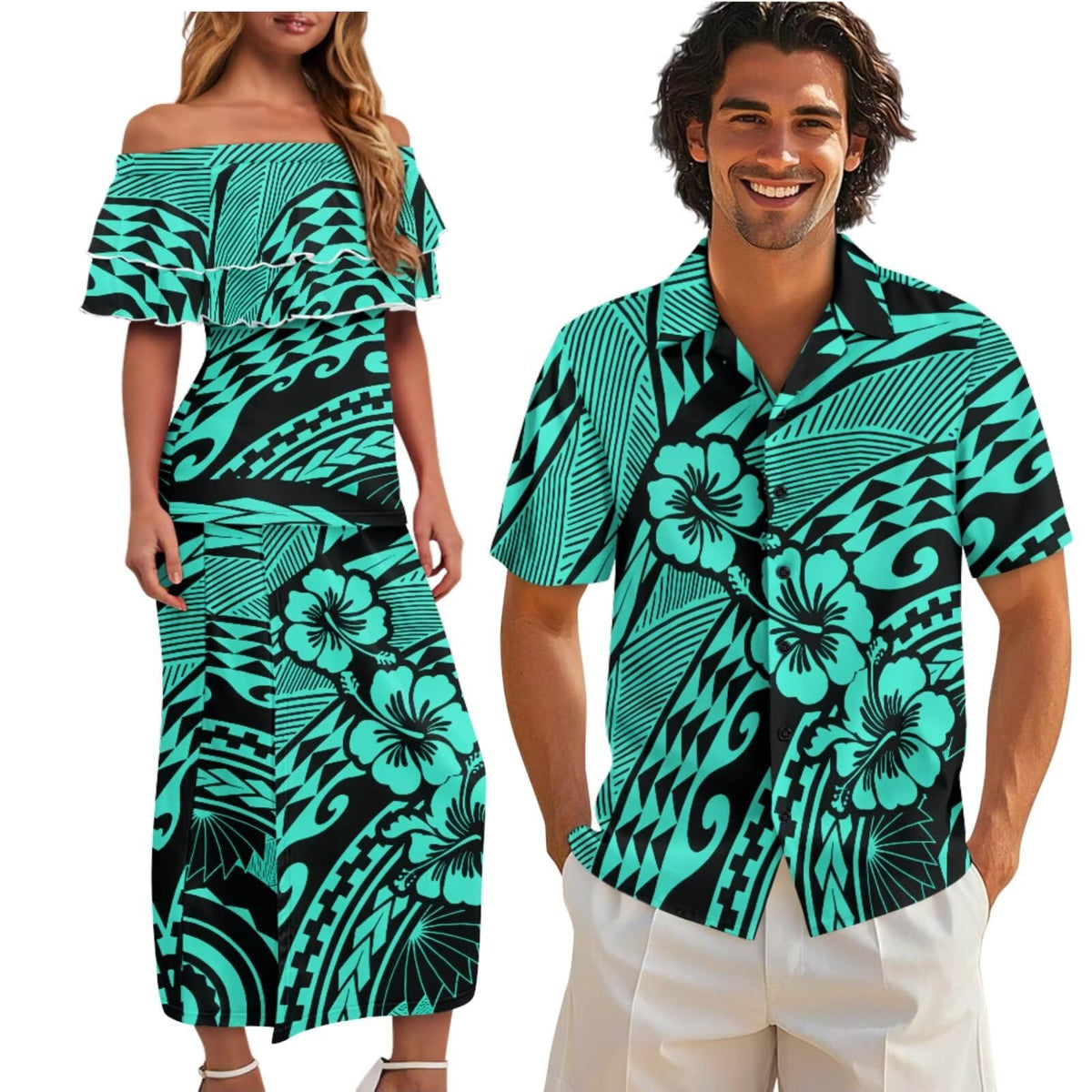 Polynesian Couples Matching Outfits Short Sleeve Puletsai Samoan Traditional Dress & Man Shirts